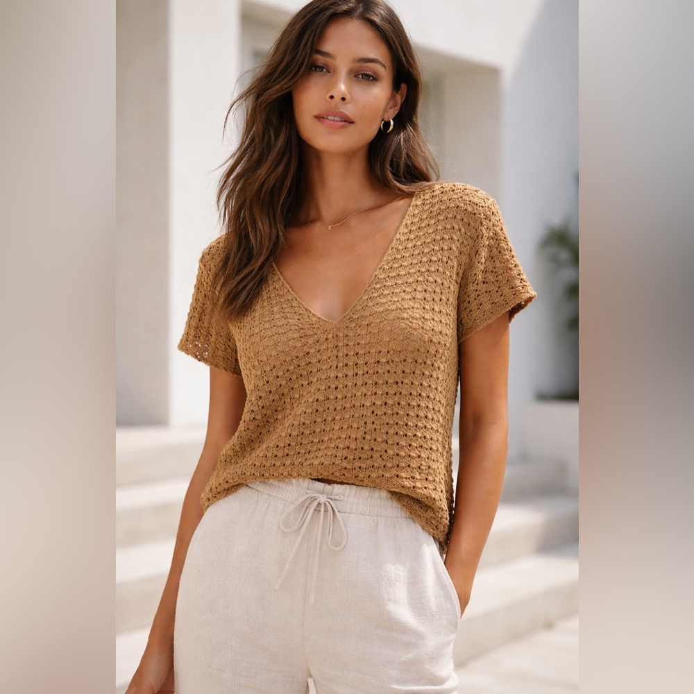 Zara Crochet Knit Top, Sheer V Neck, Camel | Size L